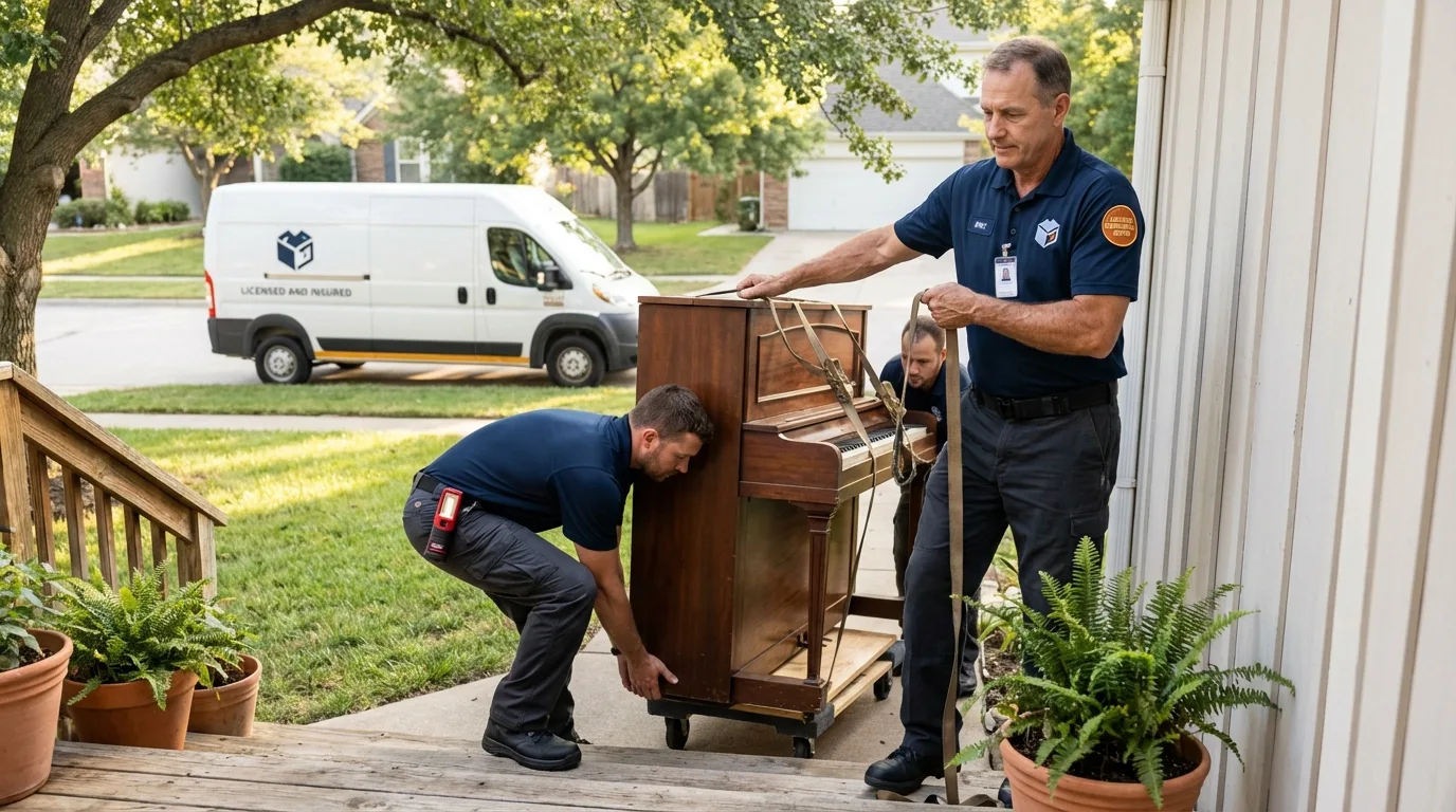 Licensed piano movers securing grand piano in Farmer City, IL