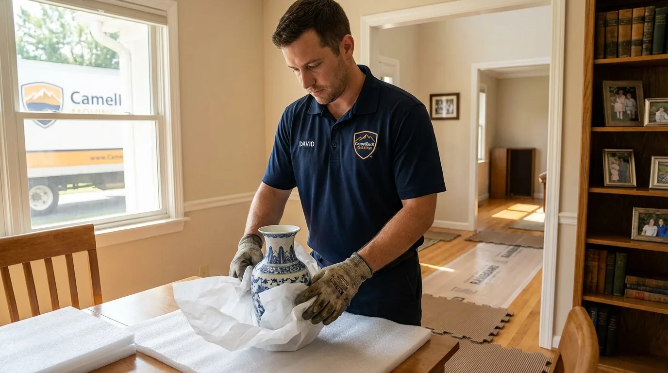 Professional crew carefully wrapping antique vase for senior downsizing move in Farmer City, IL