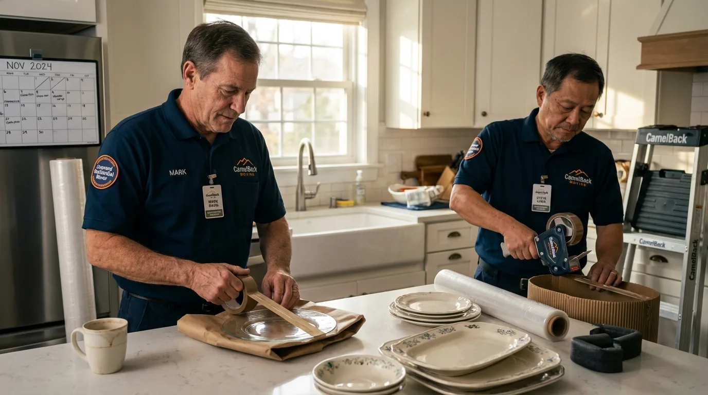 Professional crew packing kitchen dishware in Farmer City, IL